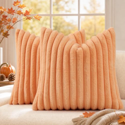 Image of decorUhome Fall Faux Fur Throw Pillow Covers 26x26 Set of 2 Light Orange