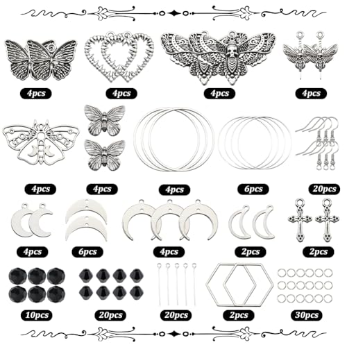 SUNNYCLUE 1 Box 10 works Gothic Dangle Earring Making Kits Butterfly Moth Charms Bulk Halloween Skull Charm Cross Charm Moon Crescent Charms for jewellery Making Kits DIY Dangle Earrings Gift Supplies - Image 2