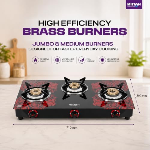 Image of MILTON Premium Red Manual Ignition Glass Top Gas Stove,1-Year Manufacturer's Warranty (ISI Certified) (3 Burner)
