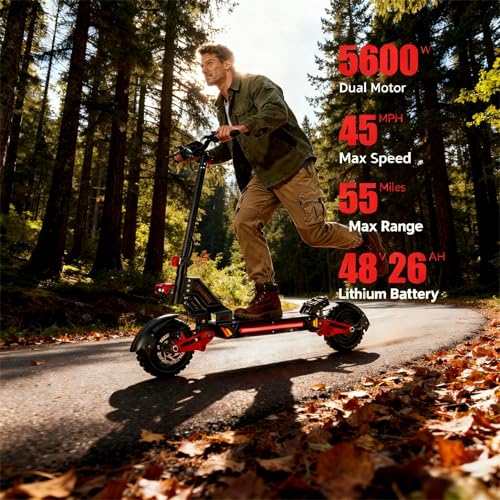 V2 5600W Dual Motor Electric Scooter for Adults, 48V26AH Lithium Battery, Up to 45MPH, 55 Miles Range, Dual Suspension, Dual Brakes, 3 Speed Modes, LCD Display – Off-Road Folding E Scooter