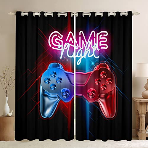 Loussiesd Boys Gamepad Curtains Gamer Window Drapes for Teens Kids Men Black Modern Video Game Controller Window Treatments Cool Blue Red Action Buttons Window Curtain Room Decor W52*L90