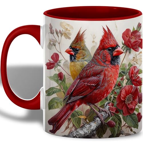 Cardenal, Hermoso Pájaro Rojo Y Amarillo Con Fondo De Flores Tazas De Cerámica Con Asa Tazas De Desayuno Chic Taza De Café Para Oficina Cappuccino Espresso 330Ml