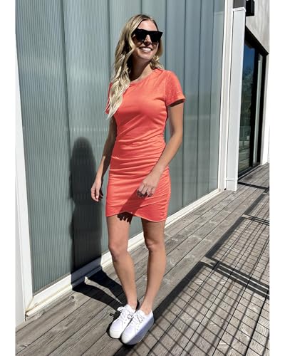 Image of BTFBM Women's Summer Dresses 2026 Casual Bodycon Mini Dress Short Sleeve Crew Neck Ruched Spring Beach Vacation Outfits
