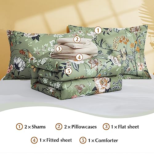 CASAAGUSTO Queen Comforter Set, 7 PCS Green Butterfly Floral Comforter Set with Flowers Leaves Pattern, Soft Seersucker Design All Season Queen Size Bedding Set(90"X90")