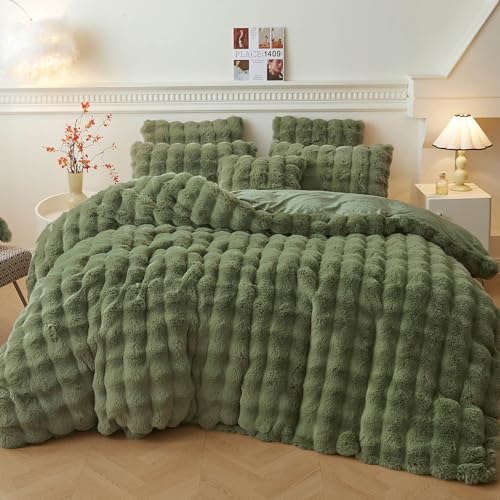 LIFEREVO Faux Rabbit Fur Duvet Cover Set Queen Size 3 PCS Sage Green