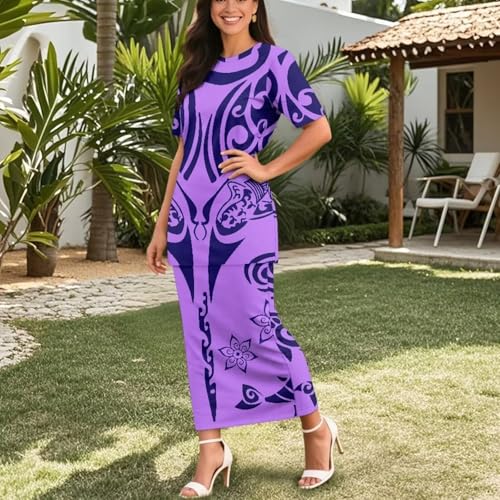 Image of Puletasi Samoan Traditional 2 Piece Outfits for Women Short Sleeve Crop Top and Maxi Skirt Sets Puletasi Dress