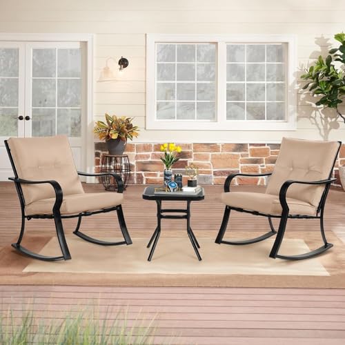 SUNCROWN Outdoor 3-Piece Rocking Chairs Patio Bistro Set Black Steel Furniture with Thickened Cushion and Glass-Top Coffee Table, Brown