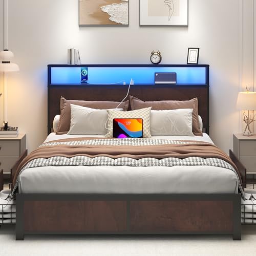 Image of Lifezone Full Bed Frame with 2-Tier Storage Headboard, Metal Platform Bed Frame with 4 Storage Drawers, Built in Charging Station & LED, Noise-Free /Metal Support /No Box Spring Needed, Coffee Brown