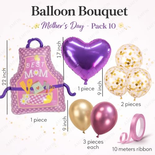 Image of AMFIN (Pack of 10) Happy Birthday MOM Mother's Day celebration balloon bouquet setup home party decor apron theme pink gold heart arrangement gift surprise decoration kit Mummy