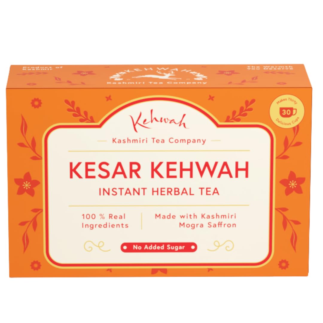 Kashmiri Saffron Kahwa Tea – Premium Organic Instant Herbal Tea with Mogra Saffron, Cardamom, Almonds & Cinnamon | No Added Sugar | Detox & Immunity Booster | Serves 30 Cups