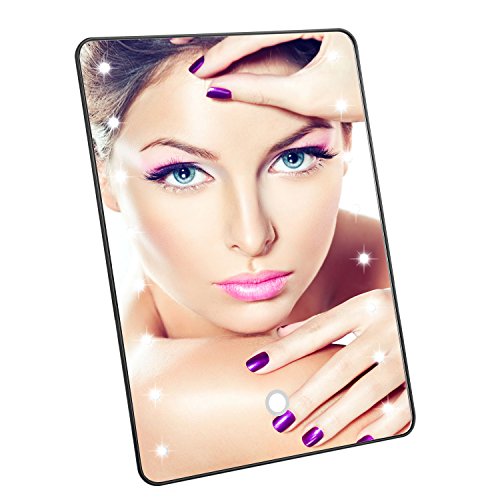 LED Makeup Mirror,Luckybird Desktop Mirror with Dimmable 16LED lights with Stand, Touch Screen, Battery included-Black