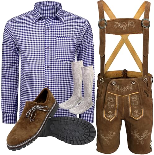 ALL THE GOOD B 7 Trachtenset Trachtenlederhose (Hose + Hemd + Schuhe + Socken) Bayerische Oktoberfest Leder Hose (Hose 62 Hemd 3XL Schuhgröße per Mail)