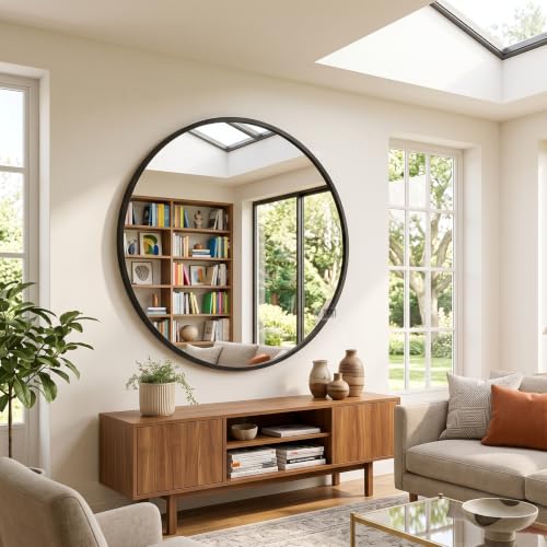 Image of Round Wall Mirror in Gold I Metal Frame Mirror I Modern Design Metal Frame Mirror in Medium Size I Bathroom Wash Basin, Bedroom, Drawing Room (Black 30 inch)