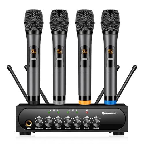Riworal Wireless Microphone System Karaoke 4 Channel UHF Cordless Handheld Dynamic Mic with Bluetooth Receiver Box + Volume Control Echo Mic Work Range 165ft for Karaoke PA System DJ Mixer Party