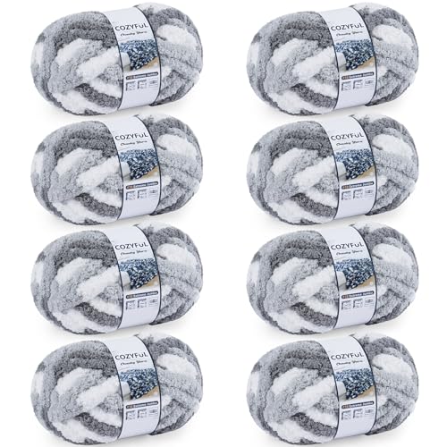 Image of Cozyful Chunky Yarn for Hand Knitting - #10 Chunky Chenille Blanket Yarn, Jumbo Big Thick Chunky Yarns for Crocheting, Tie Dye Bulky Knit Yarns, 8 Skein (20 yds 8 oz Each Skein), Multi Grey&White