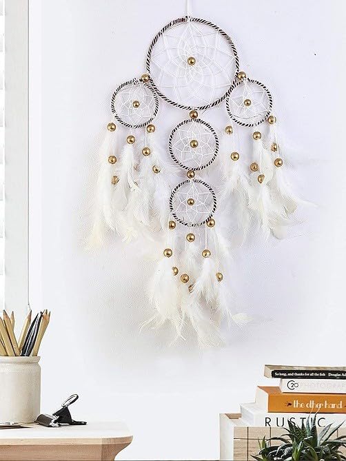 Traditional Indian wall Art for Bedrooms, Home Wall, Hanging Design Aluminium, Nylon, Wood, Feather Dream Catcher (21 inch, White, Brown)-image-48