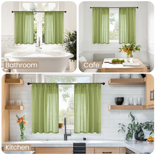 Image of BGment Olive Green Linen Curtains 36 Inch Length for Short Kitchen Window - Rod Pocket Small Drapes Sheer Light Filtering for Cafe Bedroom Decor Lightweight Natural Rustic, 2 Panels Set, 42 X 36 Inch