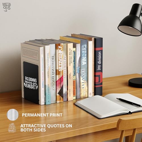 Image of 2 Heavy Duty Metal Bookends for Books | File, CD, Book Holder, & Durable Book Stand for Home, Office, School & Study Table Heavy Duty bookends (Set of 2) (Reading Makes You Smater)