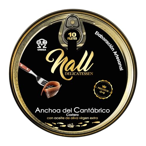 NALL DELICATESSEN Anchoas del Cantábrico XL 00 | Elaboración Artesanal con Aceite de Oliva Virgen Extra | 10 Filetes de Anchoa/Lata