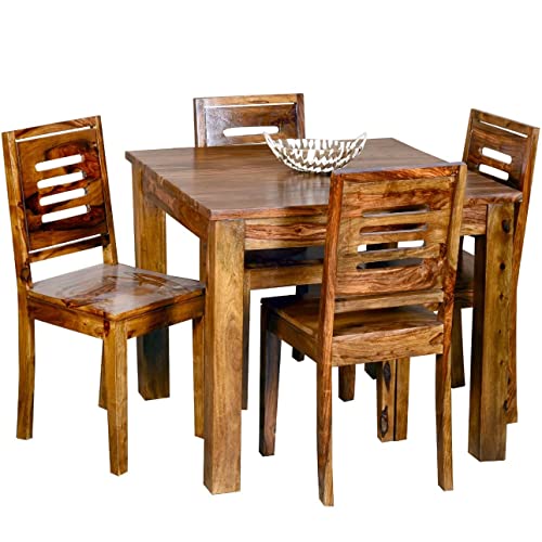 Image of Sheesham Wood Dining Table Set with Chairs for Living Room Home | Wooden Dining Room Sets Furniture for Hotels & Restaurants - Teak Finish (4 Seater)