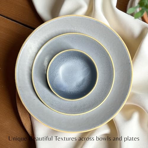 Image of Hand Painted Ceramic Dinnerware Set - 18 Pieces | 6 Dinner Plates, 6 Small Plates, 6 Katori Bowls | Earthy Blue | Microwave & Dishwasher Safe | Perfect for Home & Gifting