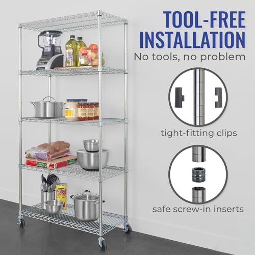 SafeRacks - NSF Certified Storage Shelves, Zinc, Heavy Duty Steel Wire Unit with Wheels and Adjustable Feet, Garage or Bakers Rack, Kitchen, Pantry Shelf - (18\"x36\"x72\" 5-Tier) (Silver) - Thumbnail 4
