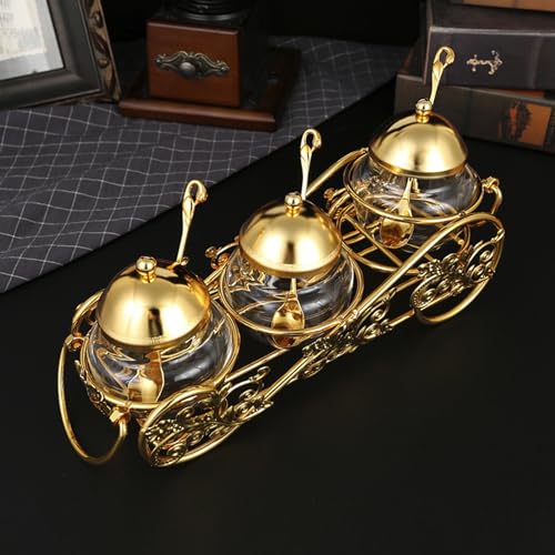 Zerodis European Sugar Jar Set,3 Pcs Crystal Golden Sugar Bowl Sugar Can Condiment Container Seasoning Bowl Salt Bowl Pepper Coffee Storage Pot with Lid Spoon