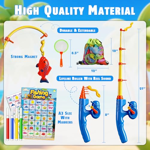 CozyBomB™ Magnetic Fishing Toys Game Set for Kids | Water Table Bathtub Kiddie Pool Party Pole Rod Net, Outdoor Plastic Floating Fish, Toddler Bath Color Ocean Sea Animals Birthday Gift Age 3-5 6 4-8 — view 3