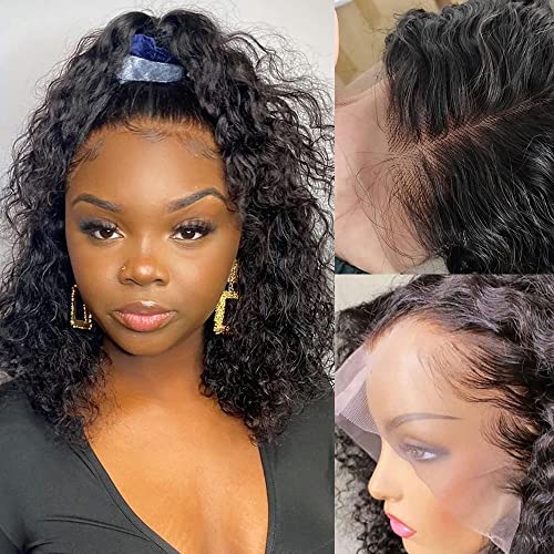 Deep Wave Lace Front Wig Human Hair 13x4x1 T Part Pre Plucked 150% Density Brazilian Deep Curly Wave Human Hair Wigs for Black Women(T part Deep Wave, 12 Inch)