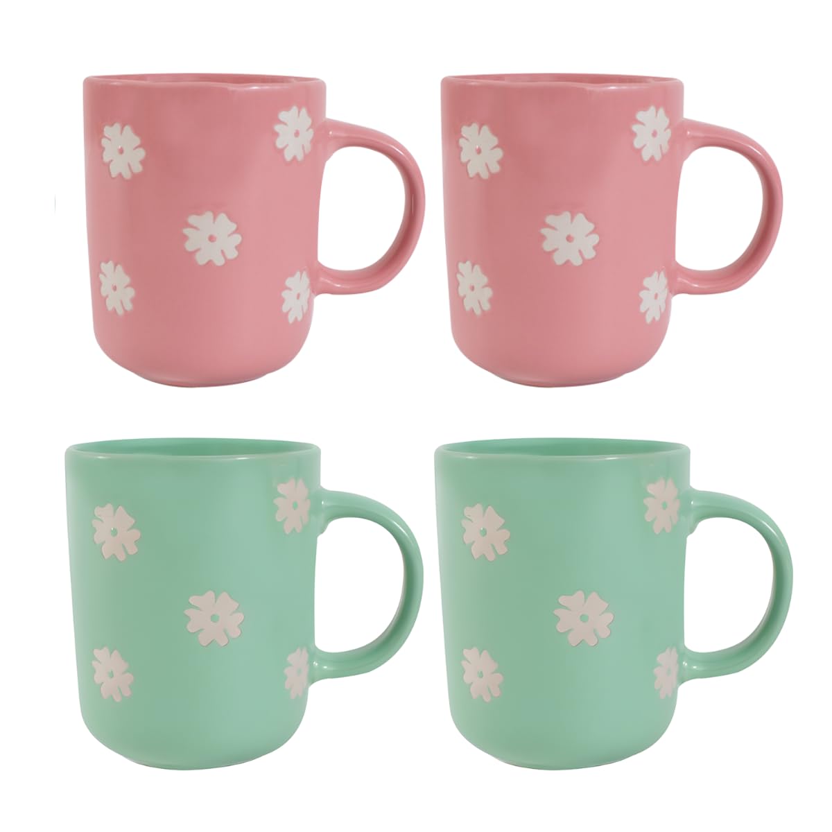 Set of 4 Stoneware Gloss Glaze Mugs - 350ml Daisy Print Coffee Tea Cup Reactive Finish Durable Home Dining in Green Pink Colour with Comfortable Handle