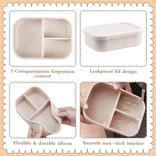 Image of Honeydak 4 Pcs Silicone Bento Box, 3 Compartment Lunch Food Container for Women Men, Leak Proof Microwave Easy to Clean Dishwasher Freezer Safe (Beige)