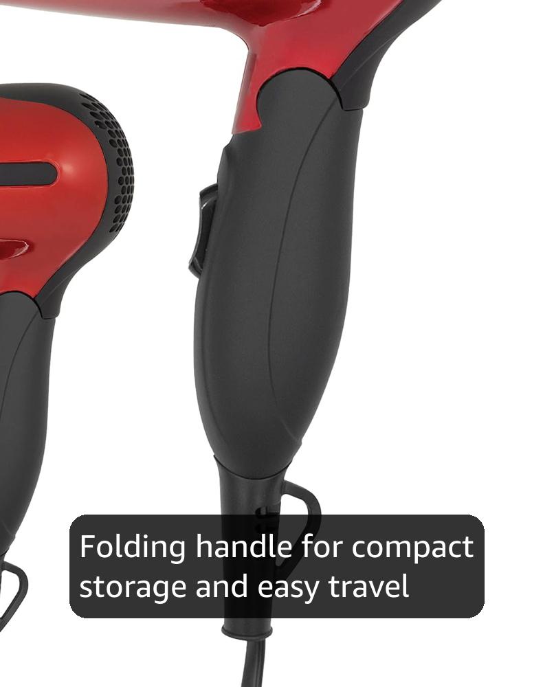 Red Hot 37070 1200W Travel Hair Dryer with Folding Handle/Dual Voltage / 2 Heat Settings/Compact & Lightweight/Red Coloured
