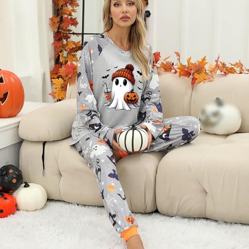 Womens Halloween Pajamas,Halloween Pajamas Women Pumpkin Ghost Print Long Sleeve Fall Pjs Set 2026 *Grey Small - image 2