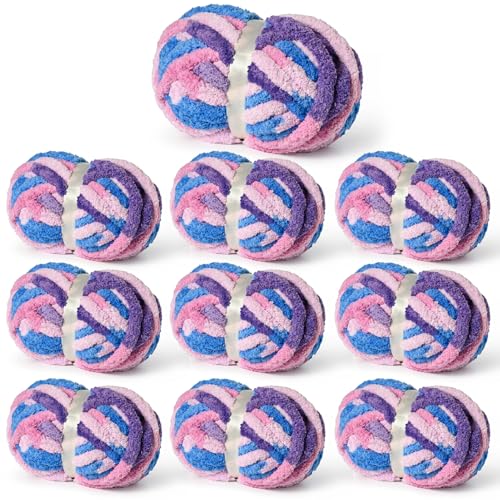 Image of Chunky Jumbo Chenille Yarn Multicolor 10 Pack | 2000g /240yds Super Bulky Baby Soft Yarn for Hand Knitting Fluffy Chunky Knit Throw Blanket Yarn