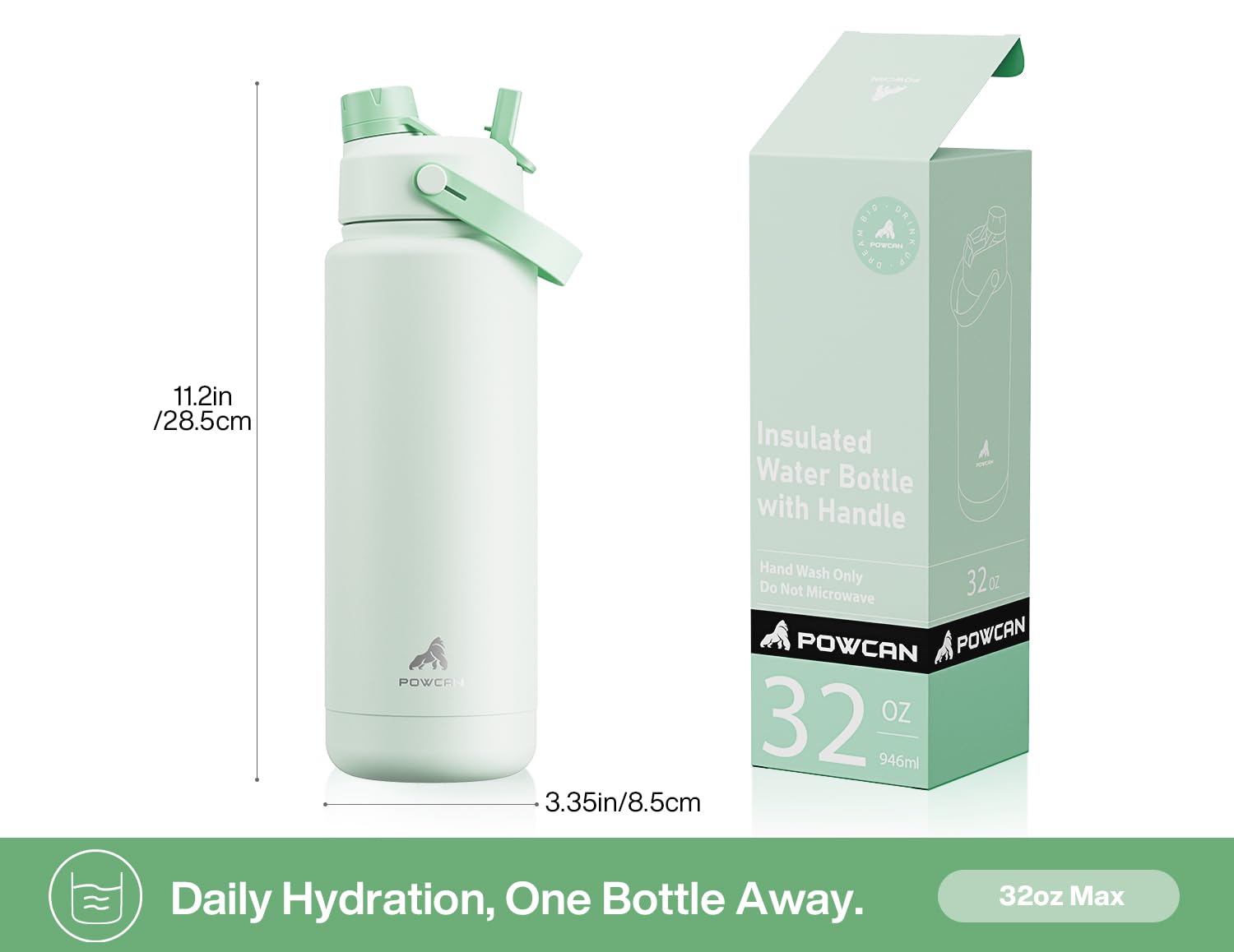 POWCAN Botella de agua aislada de 32 onzas con popote 2 en 1 y tapa de boquilla, mantiene el frío 24 horas, a prueba de fugas, sin BPA, botella de agua de acero inoxidable de doble pared para deportes