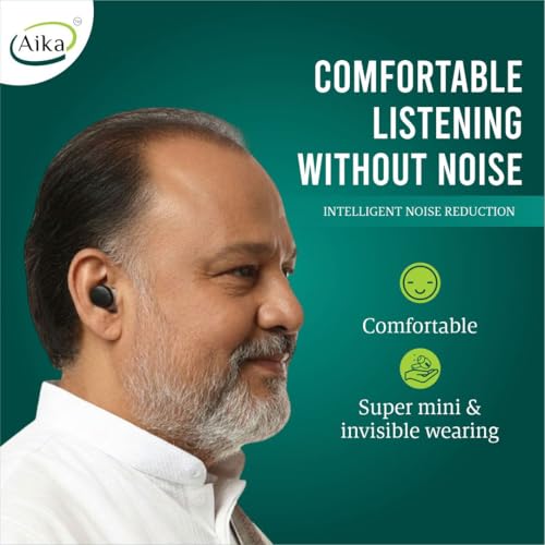 Image of Aika Mini Rechargeable CIC Digital Hearing Aid Sound Amplifier Machine for Old age with Auto Noise Cancellation, Clear Sound and Dry Kit (For Single Ear, Black, with Dry Kit and 1 Year Warranty)