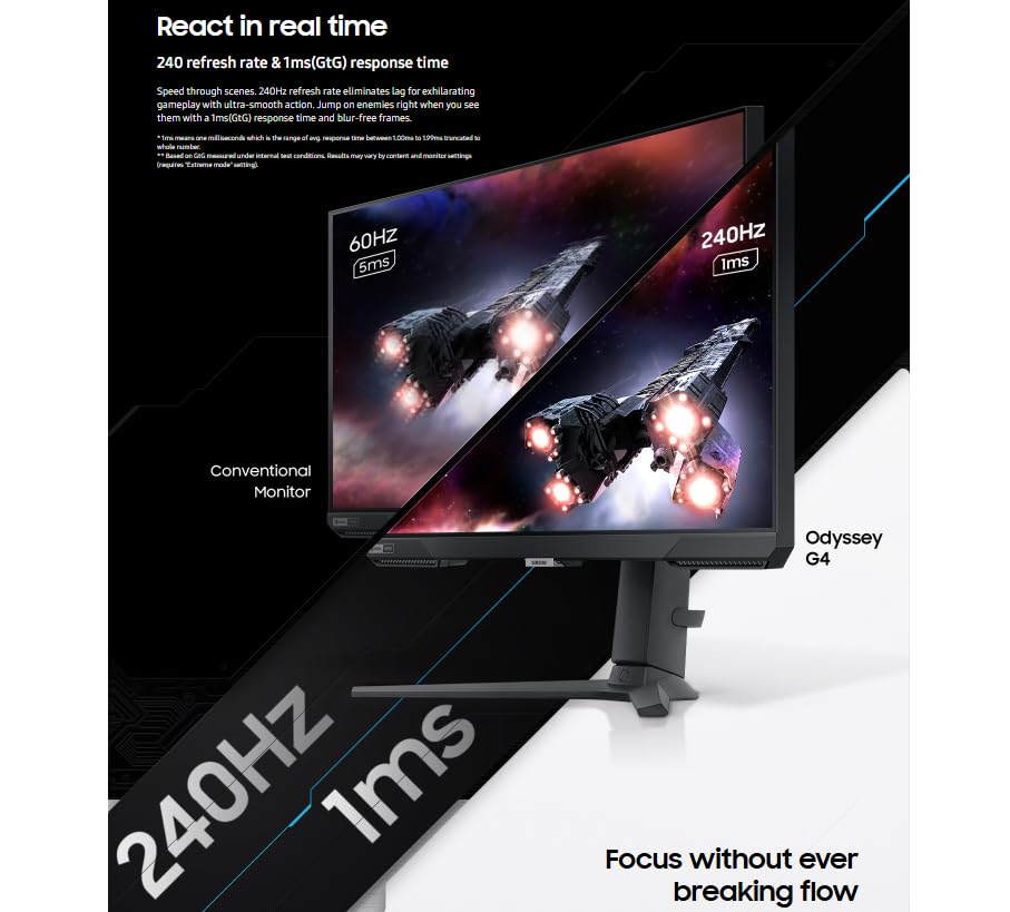 Image of Samsung 27 inch Odyssey G4 Gaming Monitor | 240Hz Refresh Rate, 1ms Response Time | FreeSync Premium, NVIDIA G-Sync Compatible | HDR 10, 400Nit | FHD IPS Ultrawide Game View & Ergonomic Stand | Black