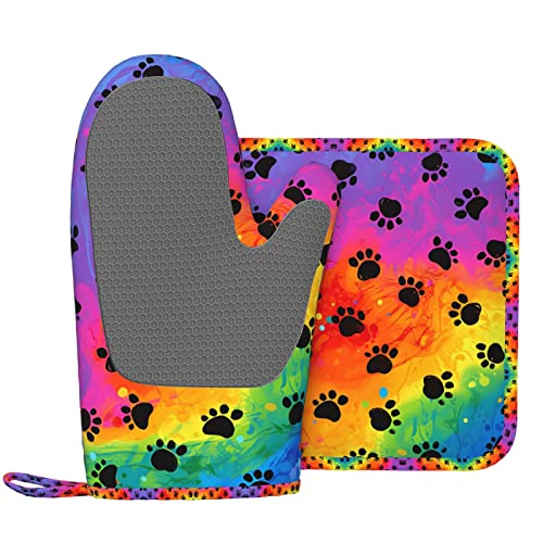 Rainbow Dog Paw Oven Mitts And Pot Holders Sets, Non-Slip Silicone Oven Gloves Heat Resistant Kitchen Glove For Cooking,Baking,Grilling,Bbq #TOP1