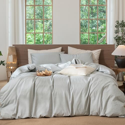 Image of MooMee Striped Duvet Cover Set 100% Washed Cotton Linen Like Queen | Relaxed Linen-like Texture. Soft, Breathable & Long-lasting Comfort. Lightweight. Hidden Zipper with 8 Interior Corner Ties