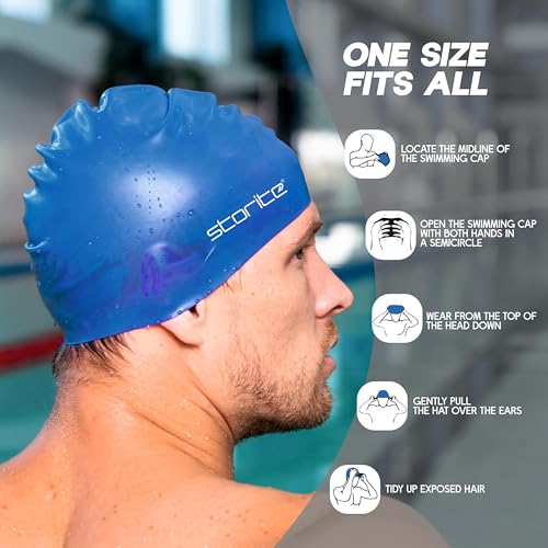 Image of Storite Swimming Cap for Men & Women (Blue) | Waterproof, Stretchable Silicon, For Long Hair, Professional Lightweight