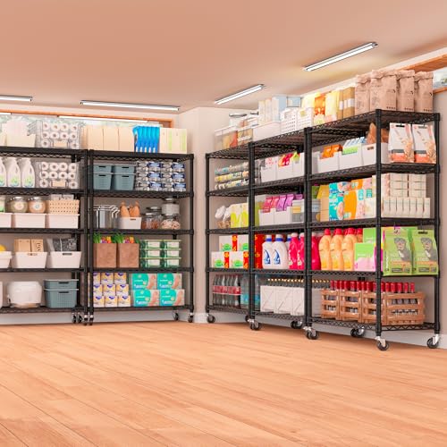 Image of PrimeZone 36 inchW x 16 inchD x 79 inchH Wire Shelving with Wheels, 5-tier Metal Shelf | NSF Certified, Heavy Duty Pantry Storage Shelves, Rolling Bakers Rack with 4 Hooks, Kitchen Shelving Unit for Closet 4PCS