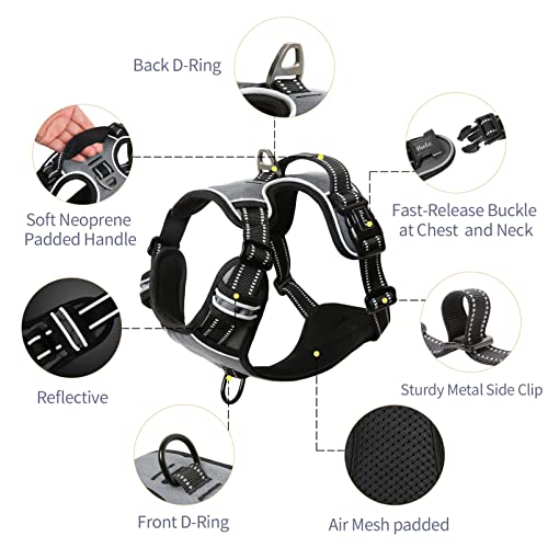 HEELE No-Pull Hundegeschirr, Brustgeschirr für Mittelgroße Hunde, Weich Atmungsaktiv Einstellbar Reflektierend Hundegeschirr Anti Zug mit Gepolstert Griff, Grau, M