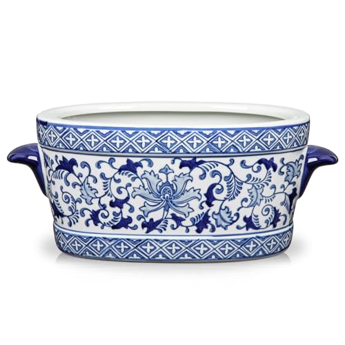 Briful Maceta grande de cerámica azul y blanca de 10.6 pulgadas, maceta vintage floral ovalada para plantas de interior, flores y suculentas, maceta decorativa estilo porcelana china esmaltada, sin
