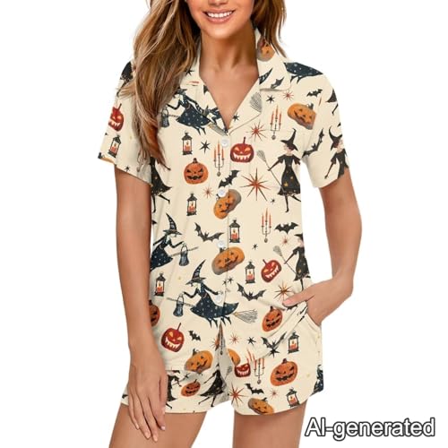 Image of Renewold Women's Short Sleeve Pajama Set Button Down Sleepwear with Notch Collar Soft Lounge Top and Shorts with Pockets