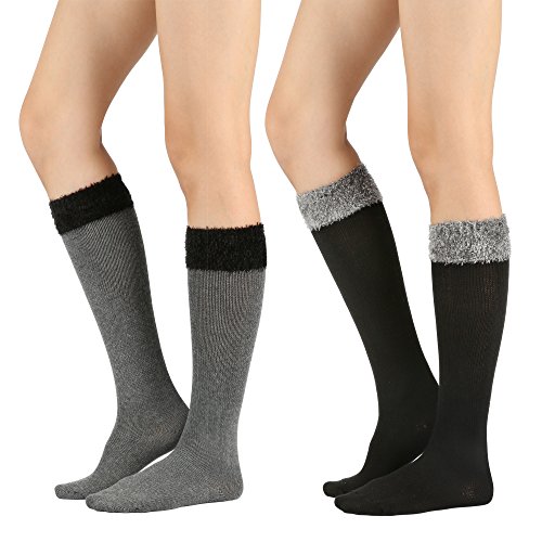 STYLEGAGA Winter Knit Knee High Boot Socks (One Size : XS to M, Eyelash Yarn Top_Basic-2Pair)