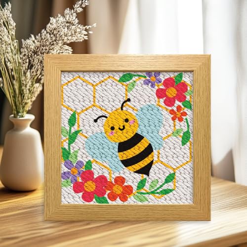 Image of BEUNITONE 2 Sets DIY Punch Needle Kits for Beginners,Bee Pre-Printed Pattern,Embroidery Punch Needle Starter Kits for Adults,Includes Pre-Printed Cloth,Yarns,Hoops,Threader and Instructions