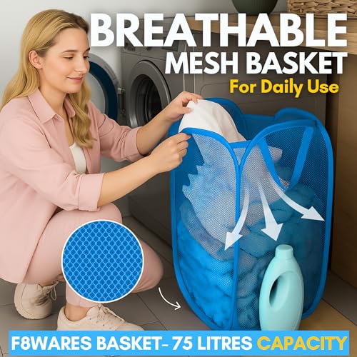 Image of F8WARES 2PK 75 Litres Nylon Mesh Foldable Laundry Basket for Clothes - Odourless Breathable Laundry Bag for Clothes with Carry Handles - Kids Toy Baskets For Storage & Dirty Cloth Basket Hamper Sky