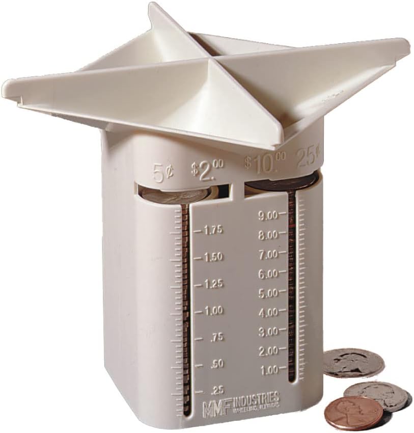 MMF Industries Coin Tender | Pennies to Quarters | Slotted Sides | Four Compartments | High-Impact Durable Plastic | Putty Color | Visual Indicators | Coin Counters & Coin Sorters