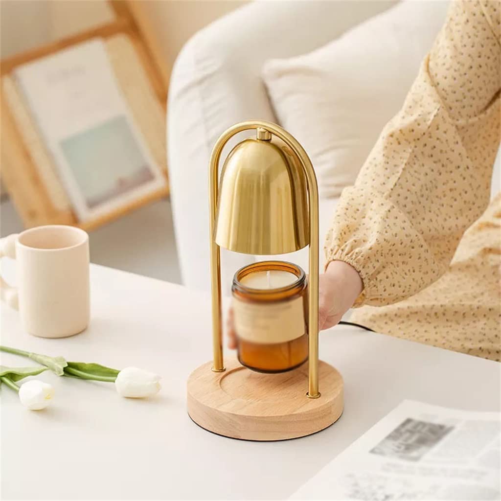 NOBRIM Riscaldatore di Candele Lampada a Candela con Base in Quercia Lampada da Tavolo profumata con Paralume in Rame Scaldacandele Elettrico per Sala da Pranzo Coffee Shop Comodino Interno