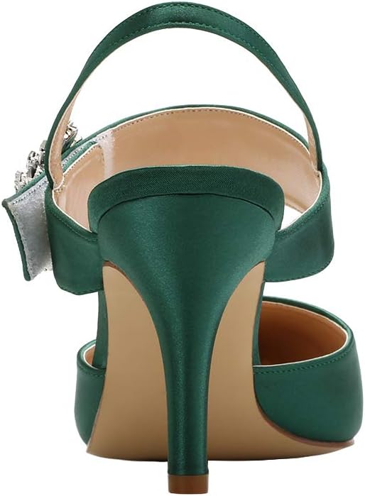 COMFASH] 6cm先のとがったつま先の結婚式の靴花嫁介添人サテンブロックヒールスリングバック結婚式のイブニングシューズライン COMFASH]  6cm先のとがったつま先の結婚式の靴花嫁介添人サテンブロックヒールスリングバック結婚式のイブニングシューズライン COMFASH] 花嫁 ... ERIJUNOR ミッドヒールシューズ レディース ポインテッドトウ スリングバック ラインストーンブローチ サテン ドレス パンプ